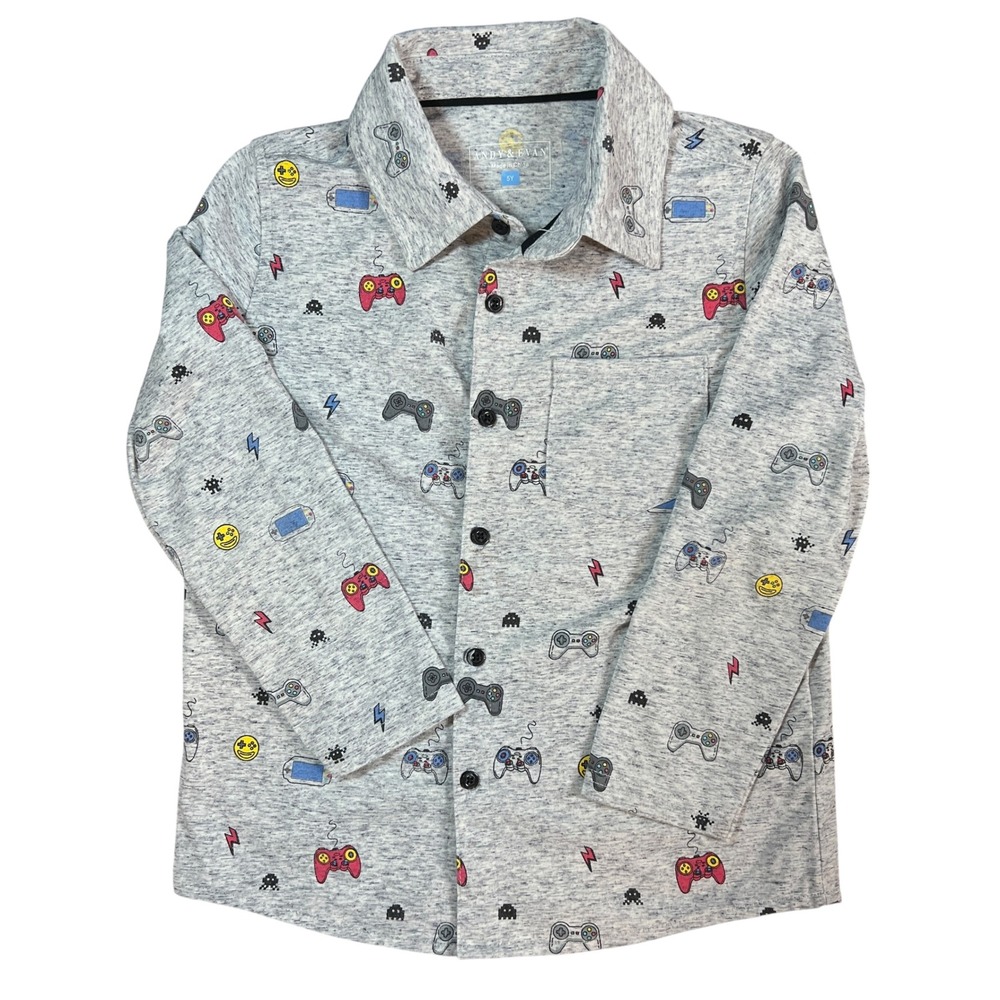 Andy‎ & Evan Kids Button Down Shirt Gray Game Controller Print Size 5Y